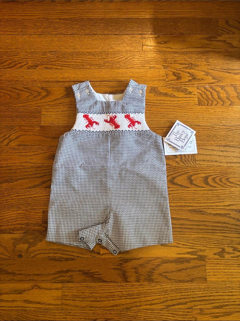 The Beaufort Bonnet Company Navy Gingham Romper with Red Seahorses